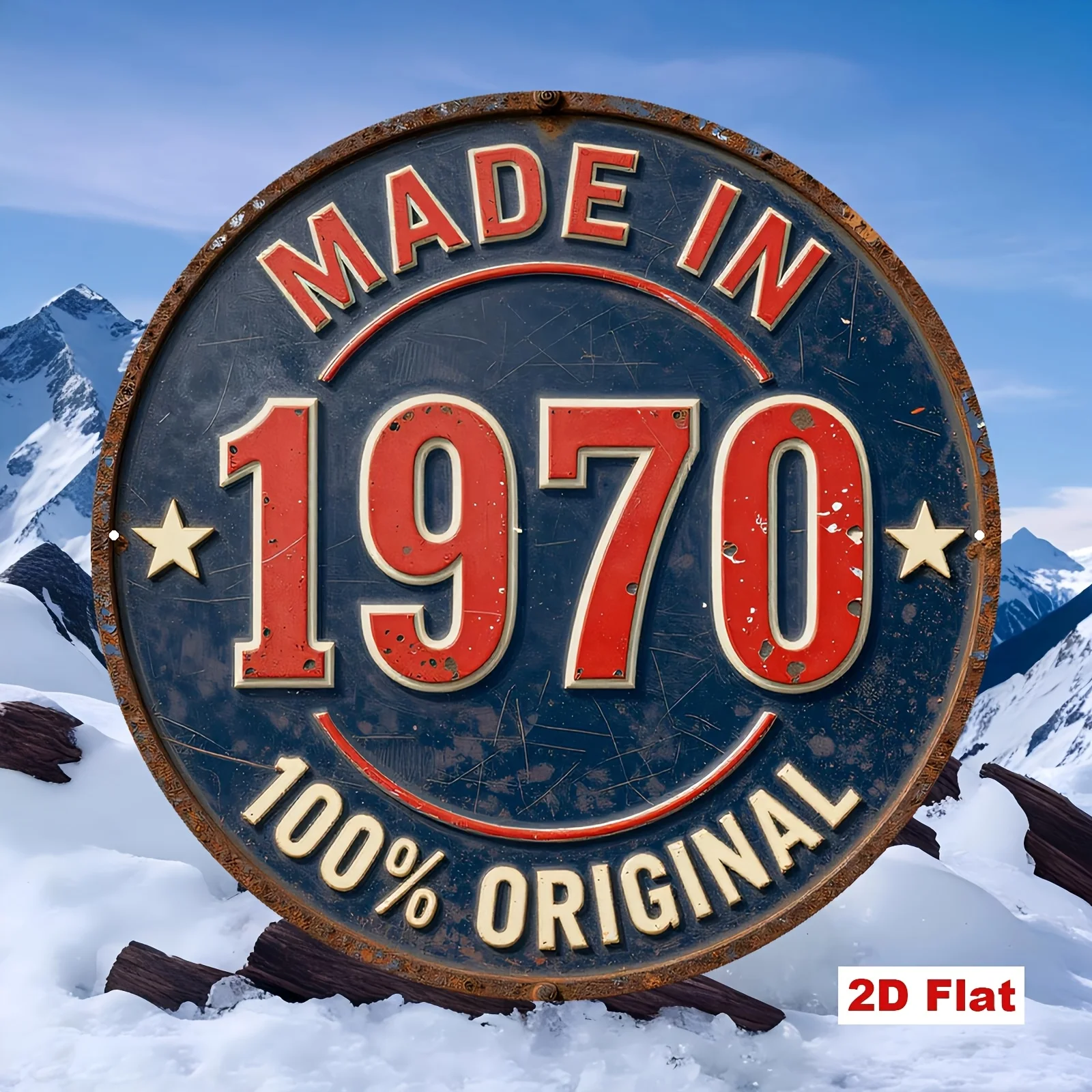 2D-Flachbild, 1 Stück, Vintage-Metallschild aus den 1970er Jahren, blauer Hintergrund mit rotem Text „MADE IN 1970“ und Sternverzierung