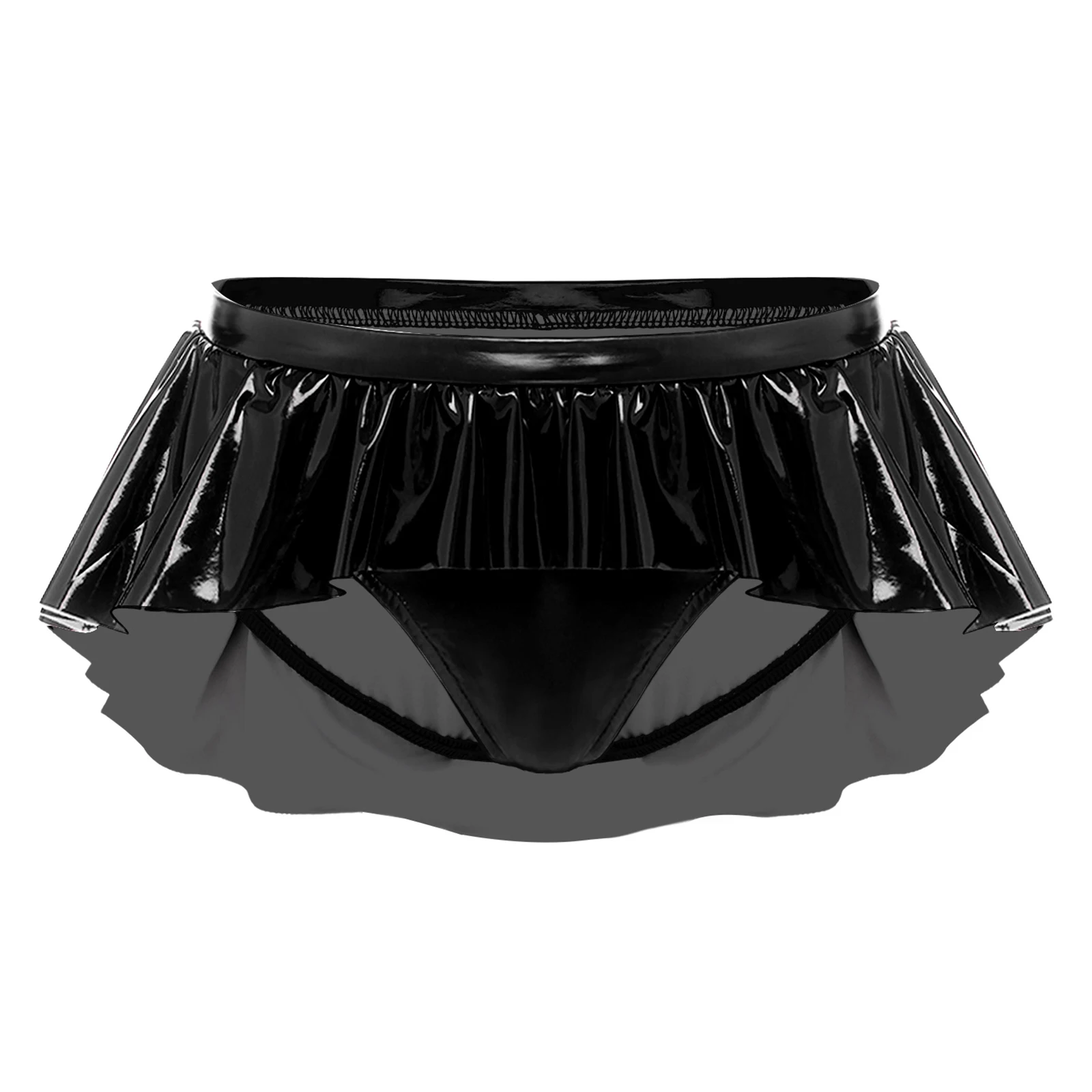 

Wet Look PU Leather Micro Skirted Panties for Women Low Rise Irregular Ruffled Glossy Skirt Underwear Nightwear for Disco Party