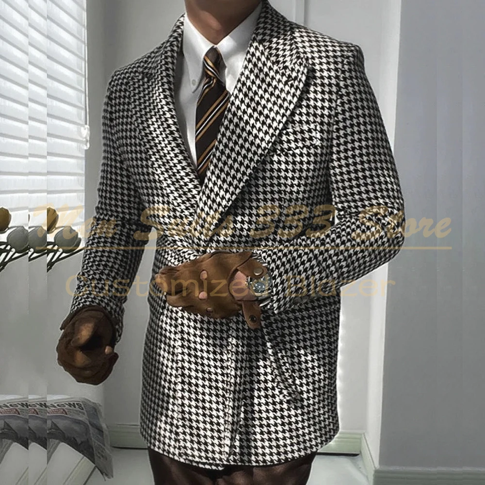 

2025 Houndstooth Men's Blazer Suits White and Black Peak Lapel Double Breasted Belt Jacket 1 Piece Outerwear Clothing Costume