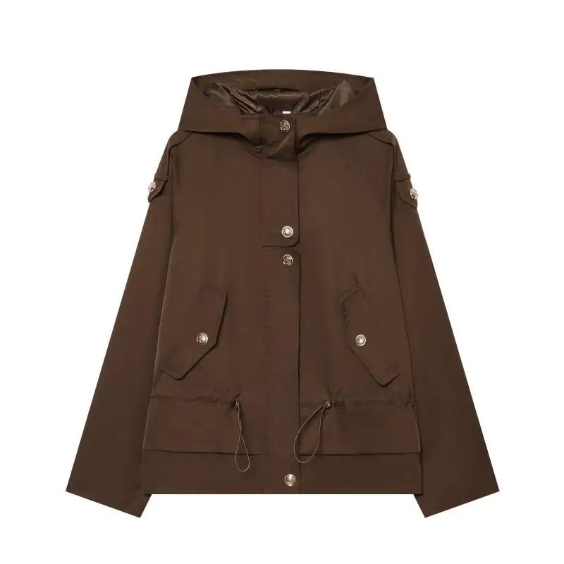 Maxdutti Nordic Minimalist Windbreaker Retro Hooded Drawstring Waist Cinched Hooded Jacket Women's Jacket Woman Clothes Coat