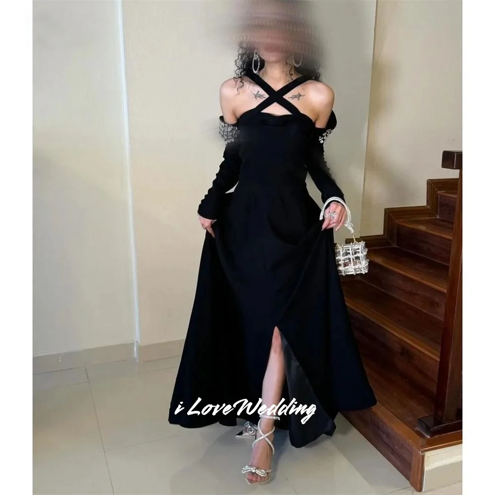 

Black Strapless Evening Dress 2025 Crystal Long Sleeve A-Line Ankle-Length Split Pleat Prom Dress Wedding Party Dress Customized