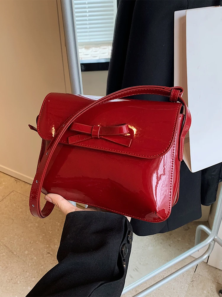 Lacquer Leather Red Small Square Bag Women 2024 New Fashionable Sweet Bow Crossbody Bag Lady High-end Flip Cover PU Shoulder Bag