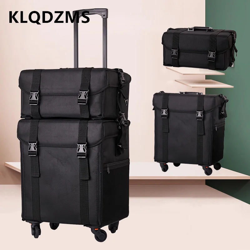 KLQDZMS أكسفورد القماش اثنين في واحد حقيبة مستحضرات التجميل الجمال مسمار أداة صندوق المرأة ذات سعة كبيرة حقيبة تروللي بعجلات مع حقيبة عجلات