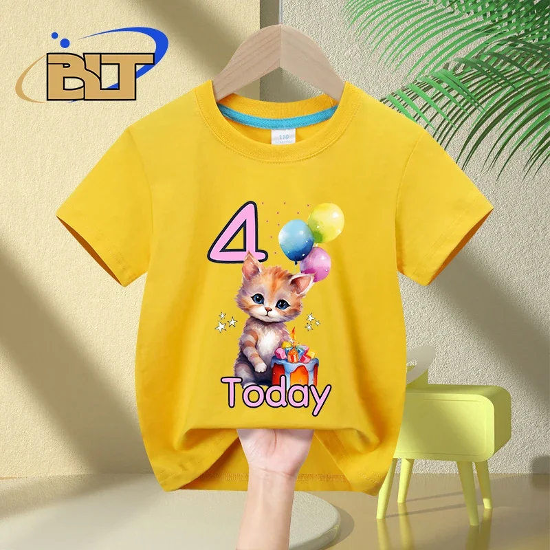 T-shirt d'anniversaire pour fille de 4 ans, imprimé chat mignon, pour enfant, en coton, à manches courtes, cadeau, nouveauté