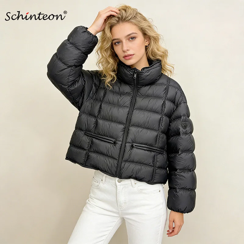 Schinteon Women's White Duck Down Jacket Stand Collar Casual Loose Puff Sleeved Autumn Winter High Quality Outwear 2026 New Coat