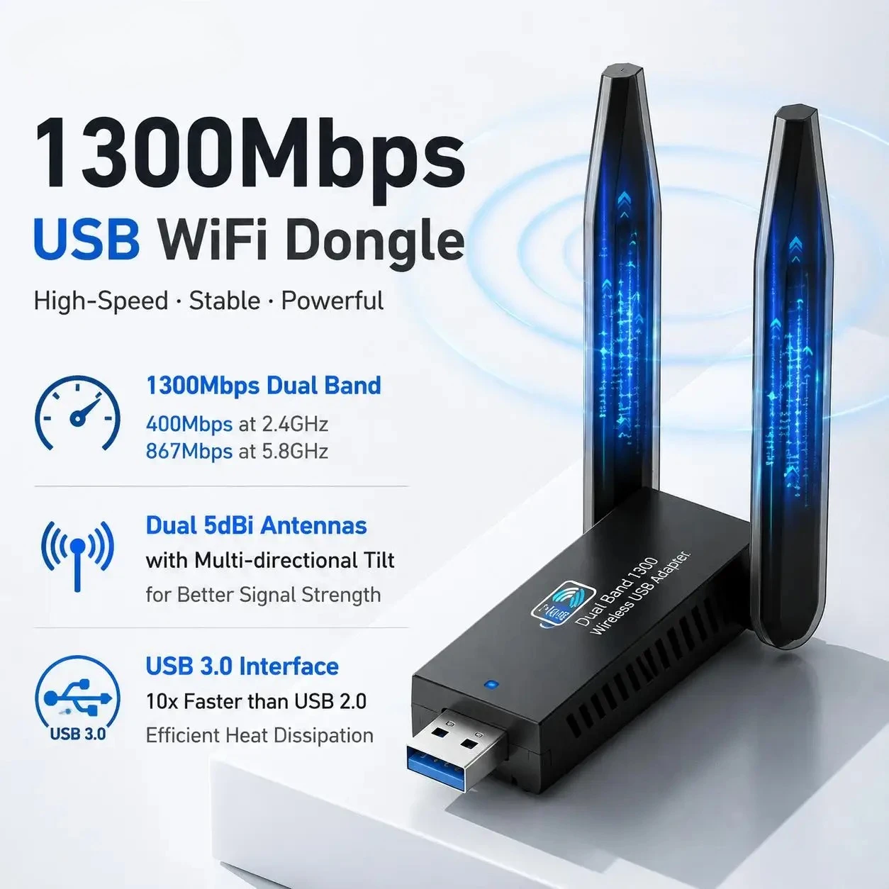 USB 3.0 WiFi Adapter 1300Mbps Dual Band 5GHz 2.4GHz High Gain Antenna Long Range Wireless Network Card for PC Laptop Desktop Windows 11 10 8 7 Vista XP Compatible with AC1300 802.11ac Internet Receiver