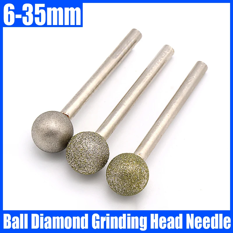 1PCS 6-35mm Ball Diamond Grinding Head Needle Bits Burrs Engraving Carving Tool 6mm Shank Grinding Bit Polishing Tool