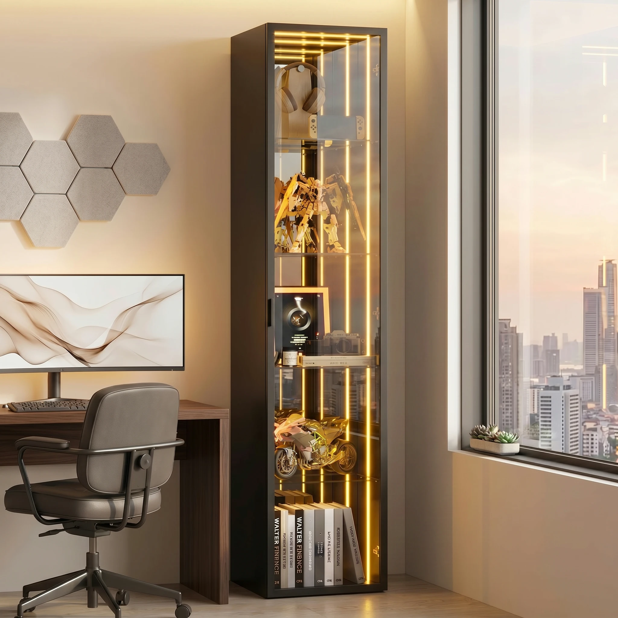 Vitrine à 5 niveaux, avec éclairage LED et étagères réglables, stable, pour le salon, rangement bien organisé, verre trempé – noir