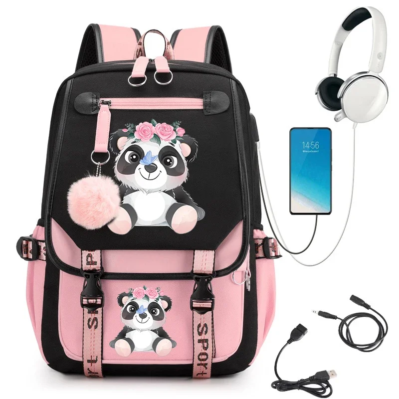 

Cute Little Panda Watercolor Girls High School Student Backpack Bags Usb Charging Schoolbags Kawaii Anime Bagpack Travel Bookbag