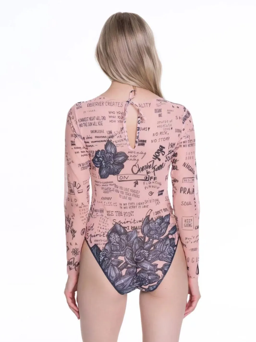 2025 Sheer Mesh Swimsuit Womens Sexy with UV Protection One Piece Bathing Suit for Beach Pool Summer Long Sleeve Corset Bodysuit