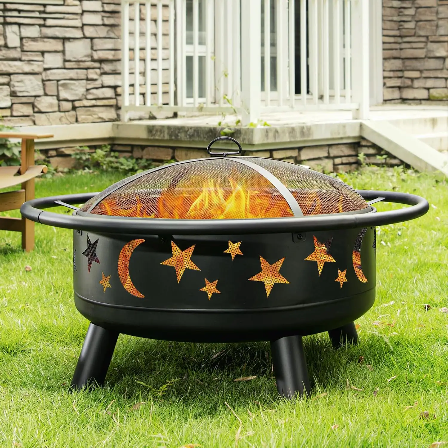 32 Inch Round Metal Wood Burning Fire Pit with Star and Moon Cutouts, Mesh Cover & Fire Poker for Patio, Backyard, Garden, Christmas, Thanksgiving