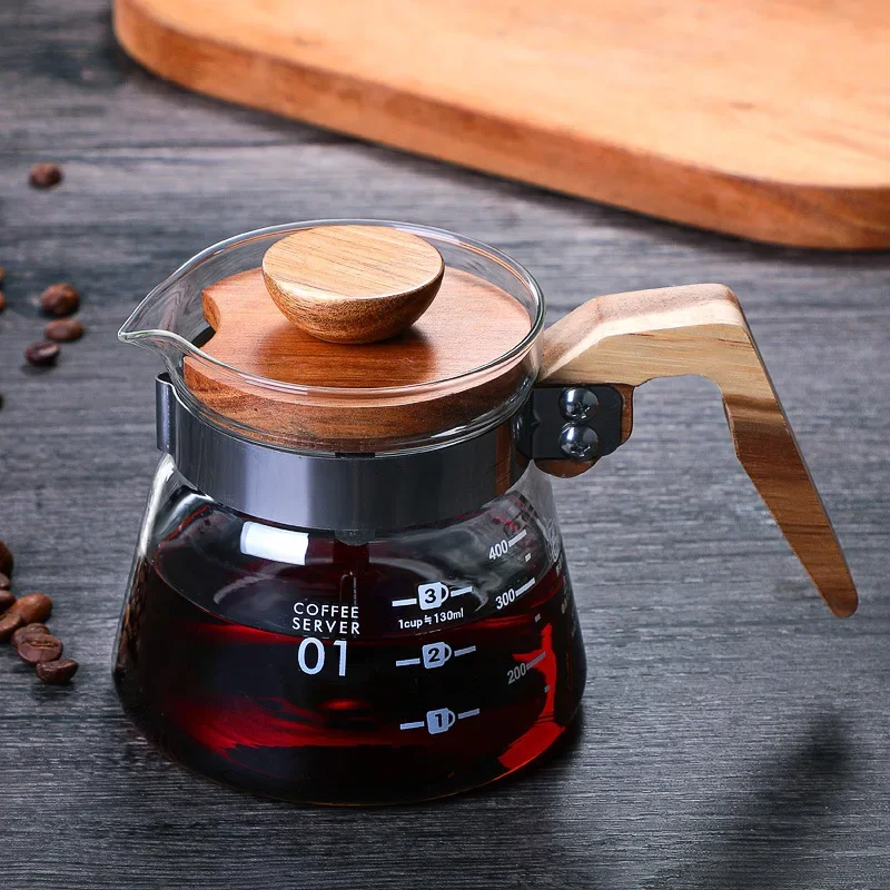 Heat Resistant Glass Hand Drip Coffee Pot Coffee Server with Wood Handle