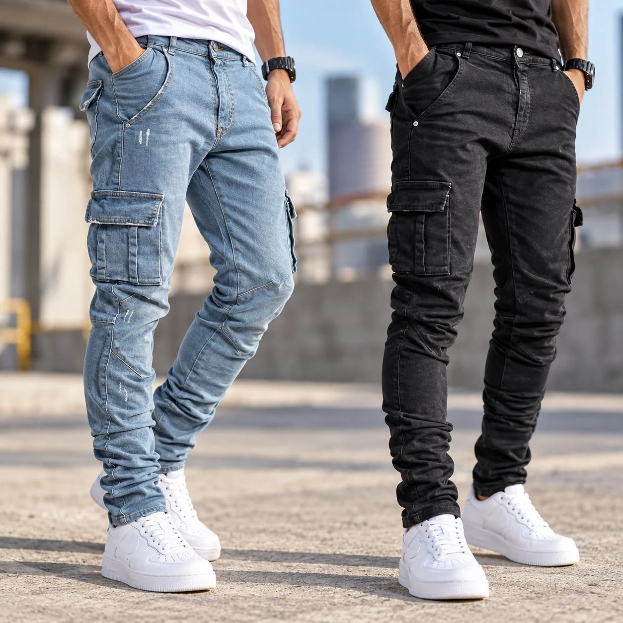Pocket Zip Fly Jeans Slim Fit Rock with Pocket Decoration Ankle Skinny Pencil Leg Slight Stretch Mid Waist Spring Men Jeans