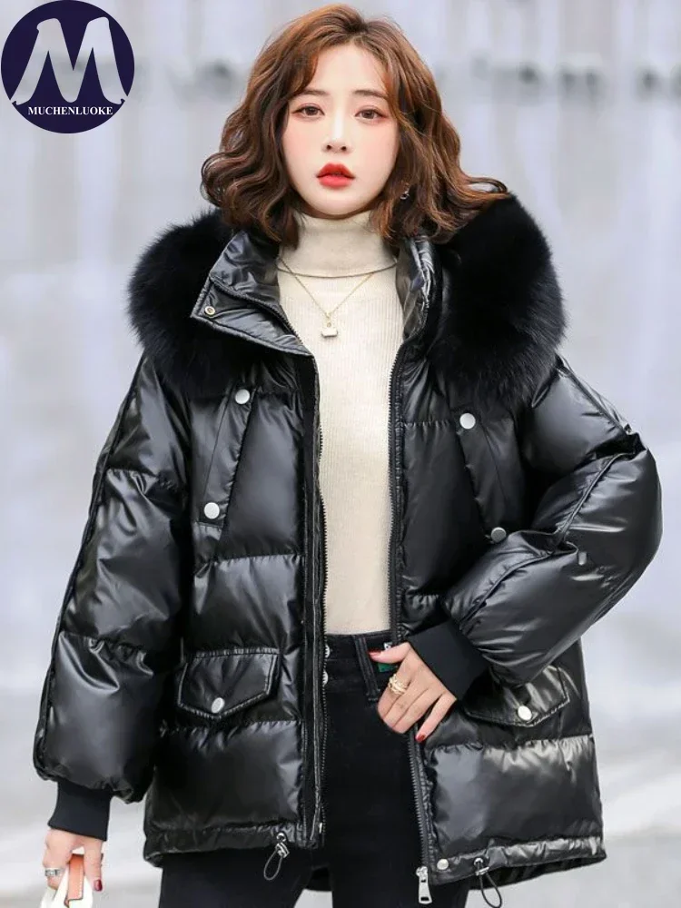 White Duck Down Hooded Jacket with Fur Collar for Women Short Parkas Slim Fit Glossy Warm Coats Korean Fashion Autumn Winter New