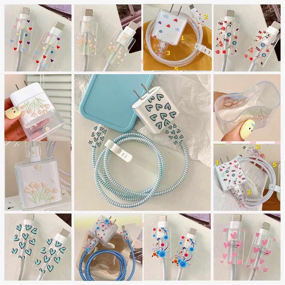 Charger Protector Cable Organizer for iPhone 12/13/14 Lightning Type-C 18/20W Plug Case Laser Winding Wire green heart women