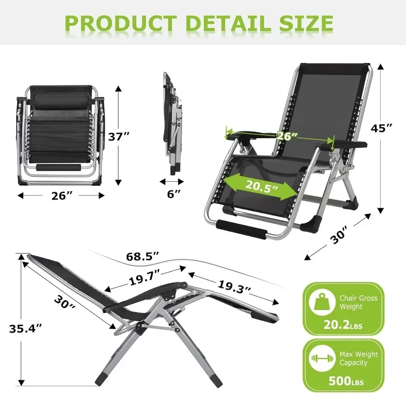 Zero Gravity Chair, 26In L Reclining Lounge Chair w/Removable Cushion & Headrest, Upgraded Aluminum Alloy Lock, 500lbs,Gray