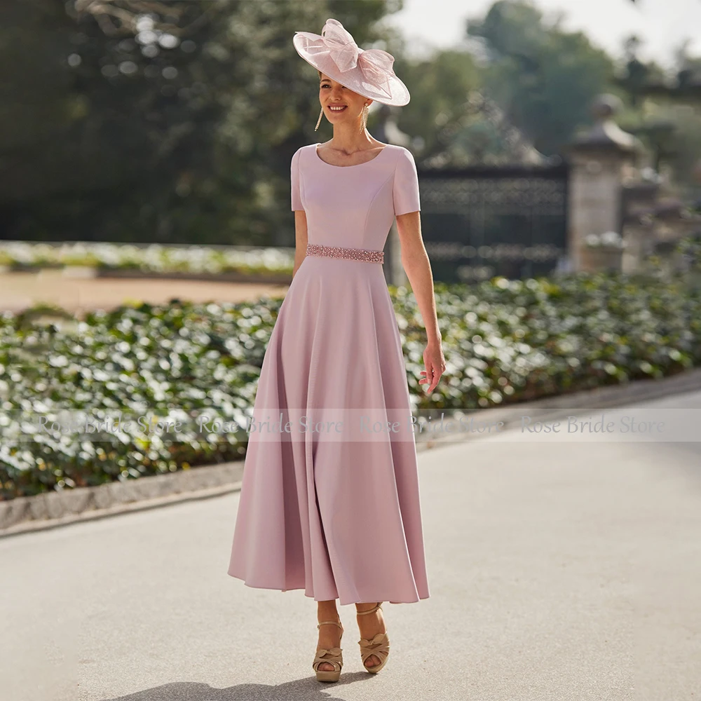 Hellrosa Mutter der Braut Kleid für Hochzeiten kurze Ärmel Frauen Hochzeit Gast Kleider eine Linie Perlen Schaufel formelle Teil Kleid