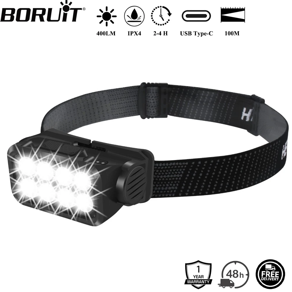 BORUiT K354 Motion Sensor LED Headlamp Type-C Rechargeable Powerful Headlight Waterproof Head Torch Camping Fishing Lantern