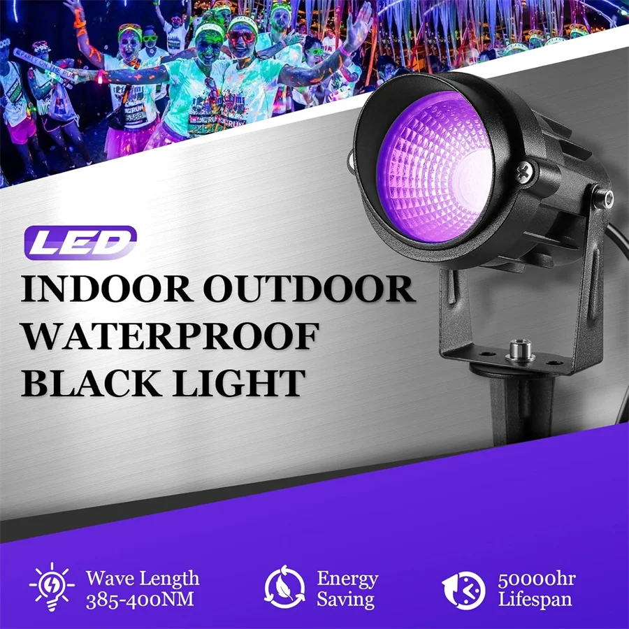 Waterproof 12W UV LED Blacklight Landscape Lights Outdoor Plug in Black Light Spotlight for Garden Lawn Christmas Party Decor