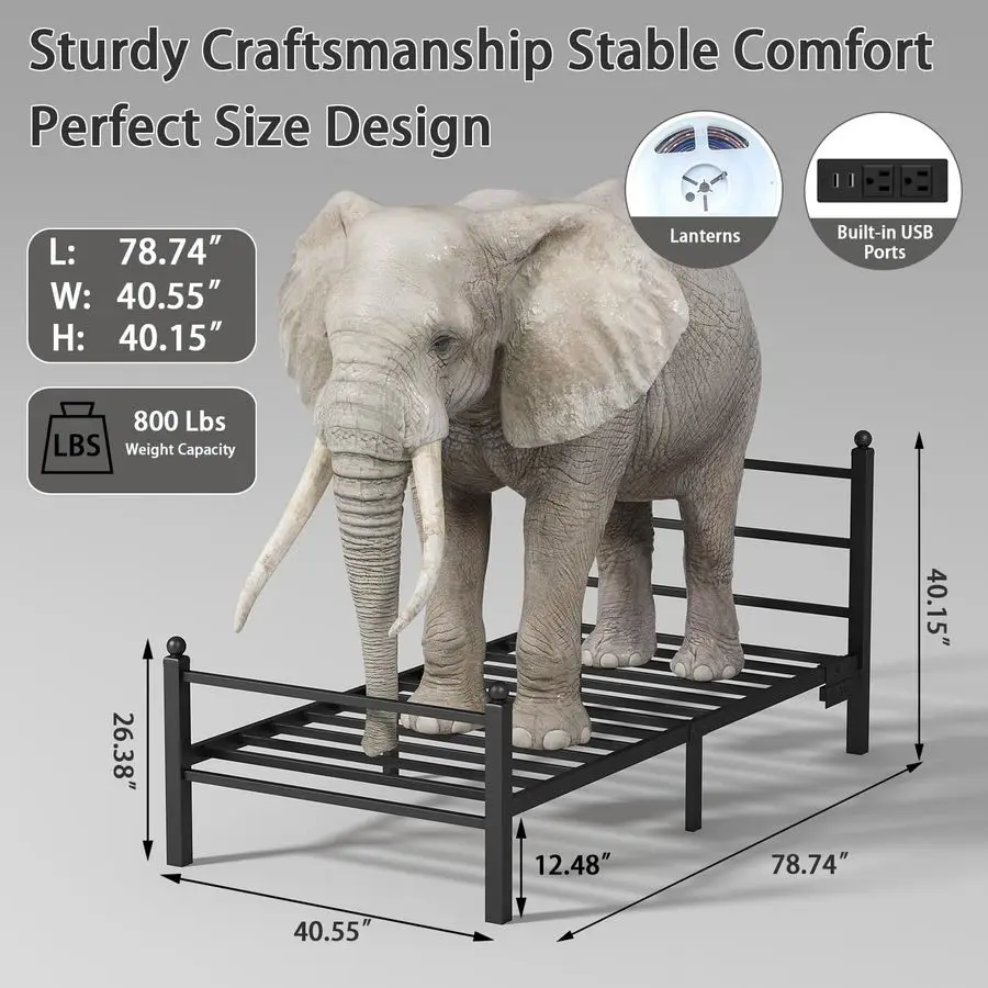 إطارات سرير مع لوح أمامي ولوح للقدمين، إطار سرير بمنصة معدنية سوداء مع أضواء LED RGB ومحطة شحن USB، تحت السرير St #2