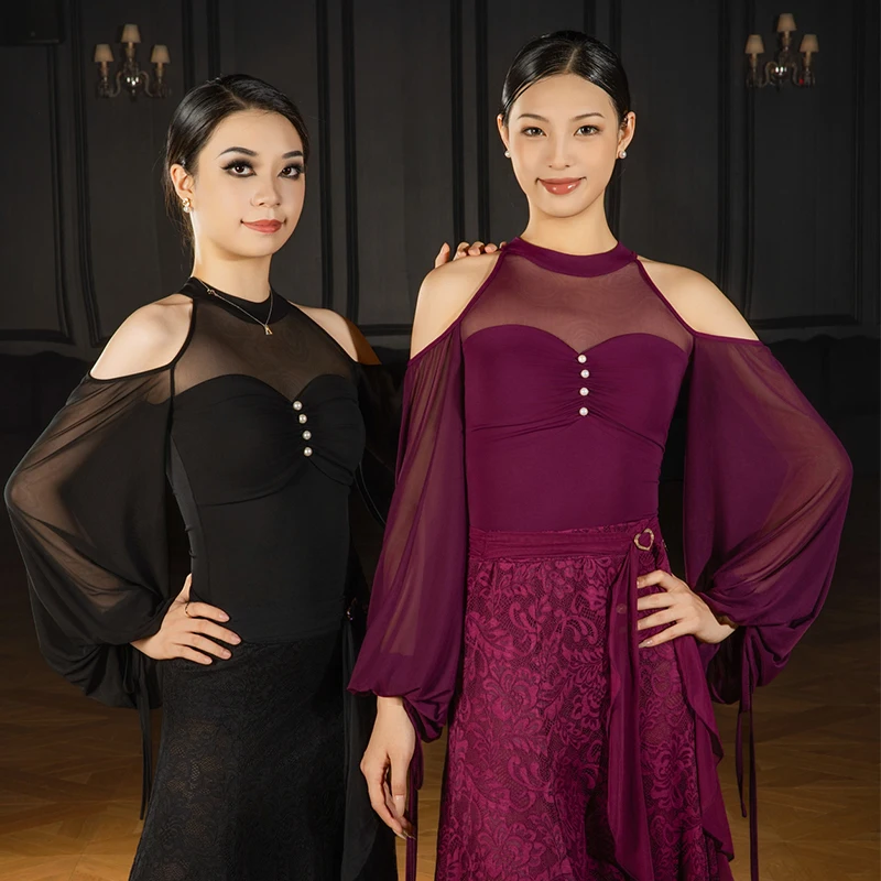 2025 Wals Dans Kleding Ballroom Dansvoorstelling Kostuum Vrouwen Mesh Lange Mouwen Tops Volwassen Praktijk Slijtage Paars Tops BL 17171