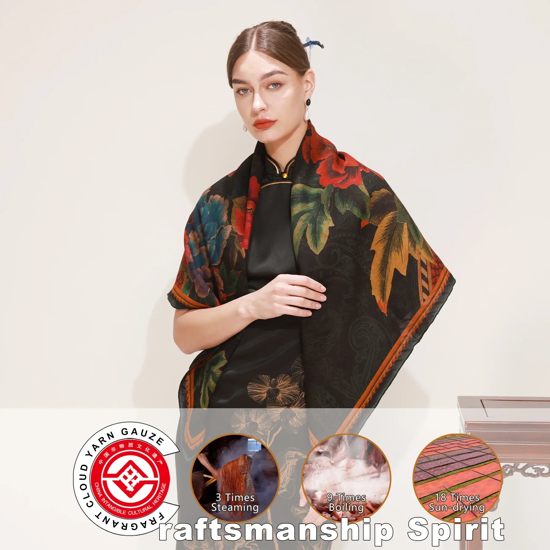 Luxury 110x110cm Gambiered Canton Silk Scarf  Natural Xiangyun Silk Square Wrap  Fragrant Cloud Yarn Silk Scarf for Women