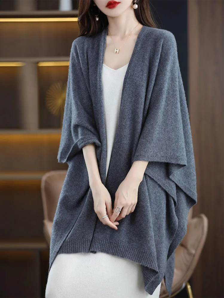 

Women's Wool Shawl Loose Cardigan 100% Merino Wool Knitwear Spring Autumn Winter Pure Wool Sweater Comfortable Casual Shawl Coat