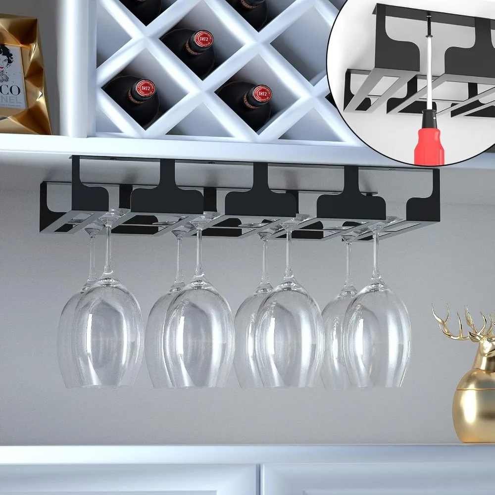 Under Cabinet Wine Glass Rack Holder, Metal Storage Hanger for Stemware in Kitchen Bar, Black 4 Rows 2 Packs