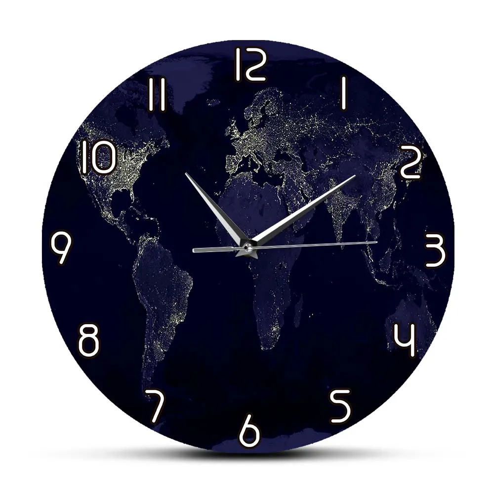 Night View World Map Wall Clock For Home Office Decor Abstract Travel Map Globe Earth Art Modern Design Timepieces Wall Watch