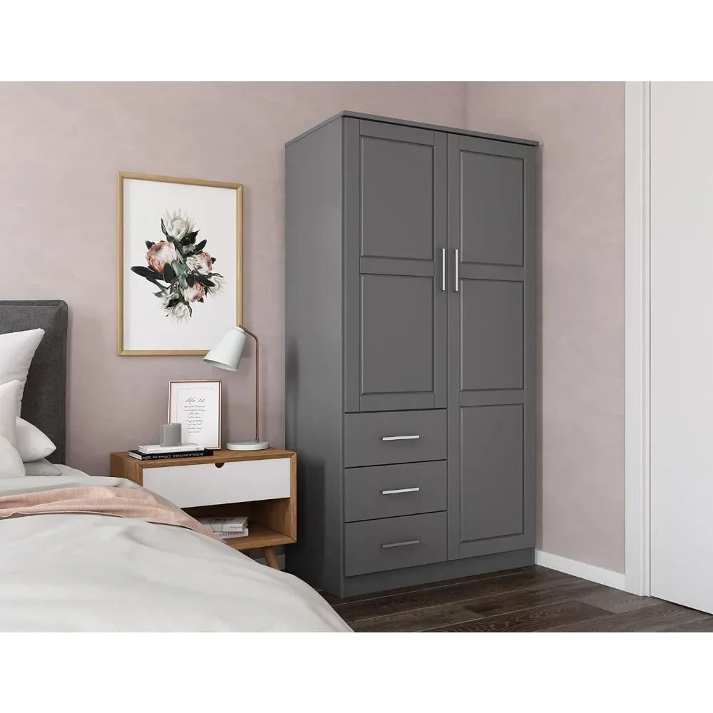 100% Solid Wood Metro 2-Door Wardrobe w/Raised Panel Doors, 2 Clothing Rods, 2 Small Shelves, Gray, 37.75