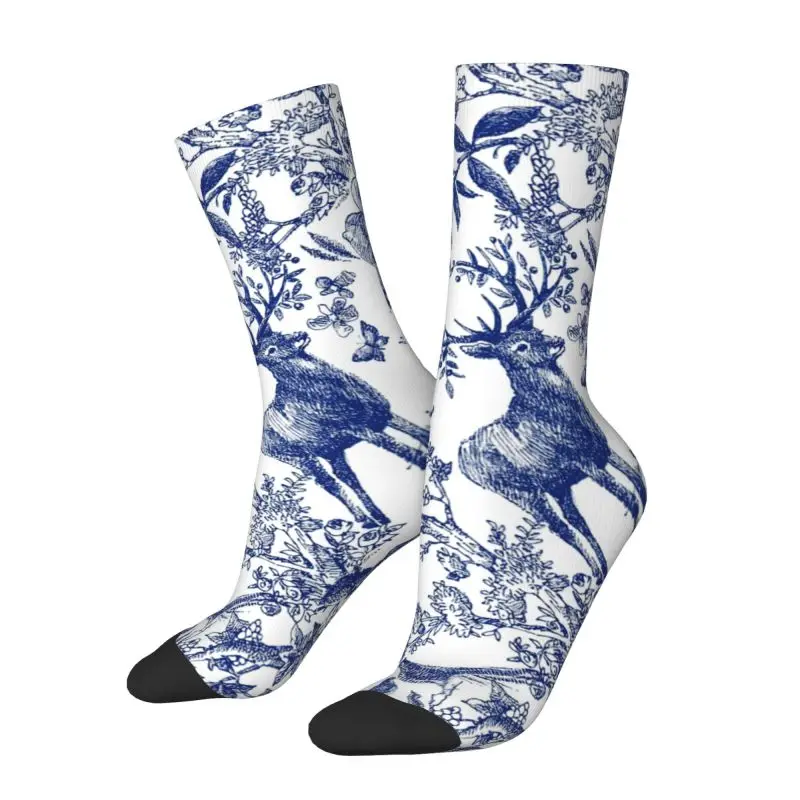 French Toile De Jouy Indigo Pattern Dress Socks Men's Women's Warm Fashion Novelty Vintage Floral And Animal Forest Crew Socks