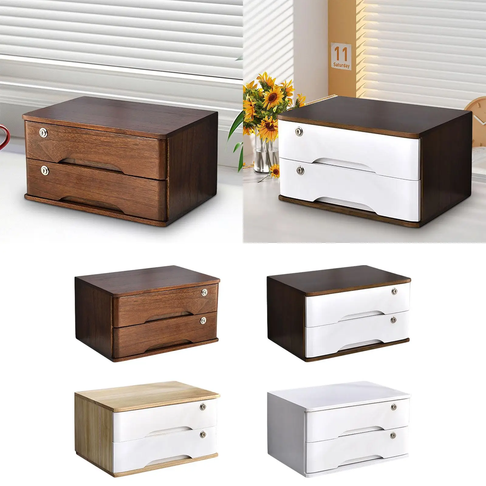 Wood Desktop Storage Box with Lock Storage Drawer Makeup Box Daily Storage Desk Organizer Wooden Tabletop Cabinet for Dresser