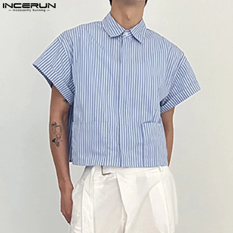 

INCERUN Men Shirt Striped Lapel Short Sleeve Pockets Button Casual Men Clothing Streetwear Summer Loose Korean Male Shirts S-5XL