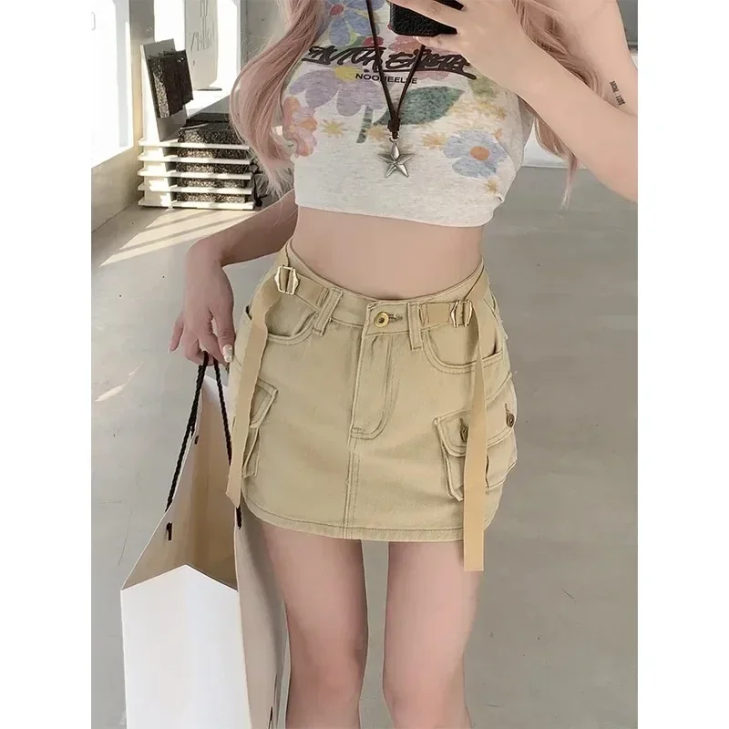 Khaki Cargo Denim Short dress Women American vintage A Word High Waist Skirt Gyaru Anti-exposure Hip-wrapped Culottes