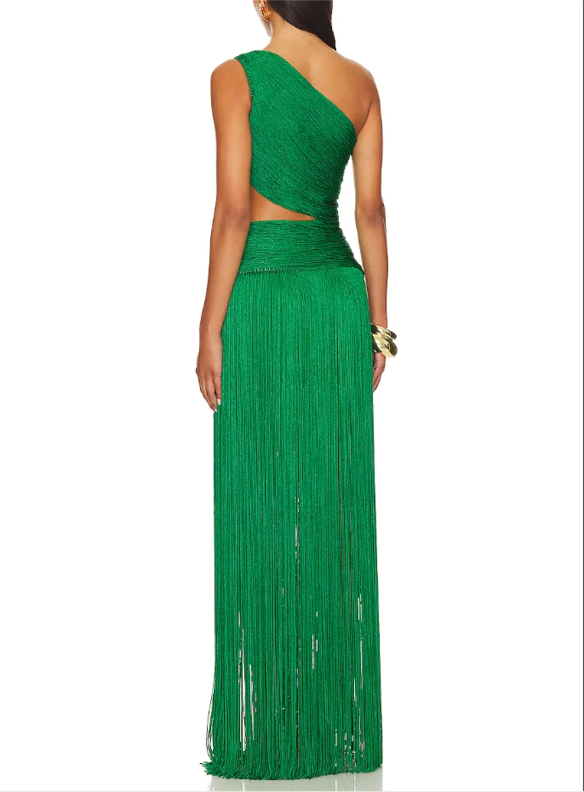 Fashion Green One Shoulder Prom Dress Sleeveless Satin Fringe Skirt Evening Dress Sexy Cutout Slit Special Occasion 2024 Custom