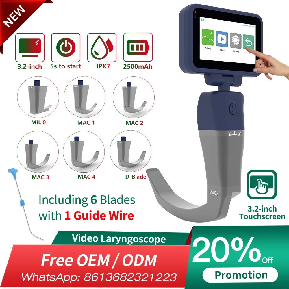 Anesthesia Video Laryngoscope, 3.2-inch Touch Screen with 6 Blades and Guide Wire (MIL 0,MAC 1, MAC 2,MAC 3, MAC 4 and D-Blade)