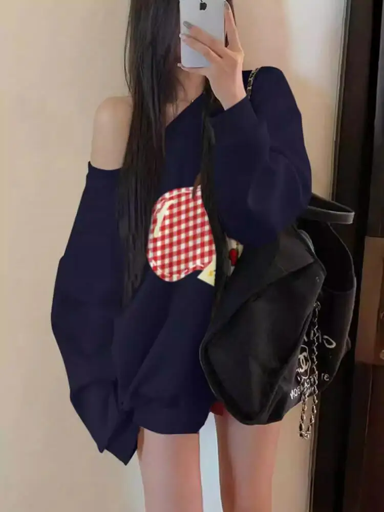 오프숄더 후드티 여성 루즈핏 캐주얼 긴팔 상의 봄 가을 얇은 프린트 스웨트셔츠 스파이시 걸 Y2K 스트릿웨어