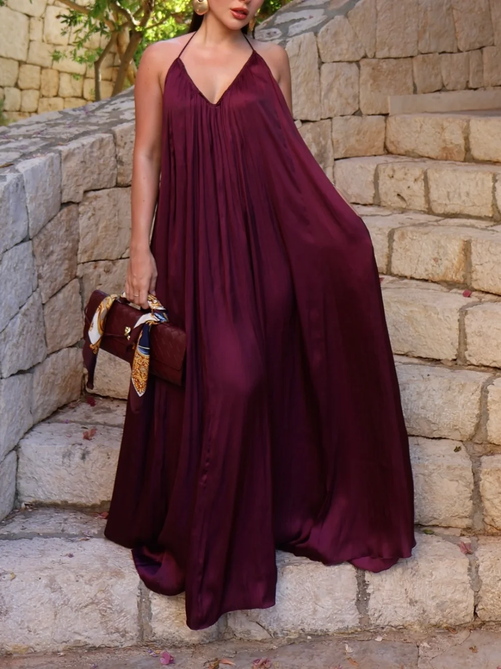 

Sexy Chic Satin Party Dress Women V Neck Halter Neck Pleated Maxi Dress Fashion 2025 Evening Club Festival Dress Elegant Dress