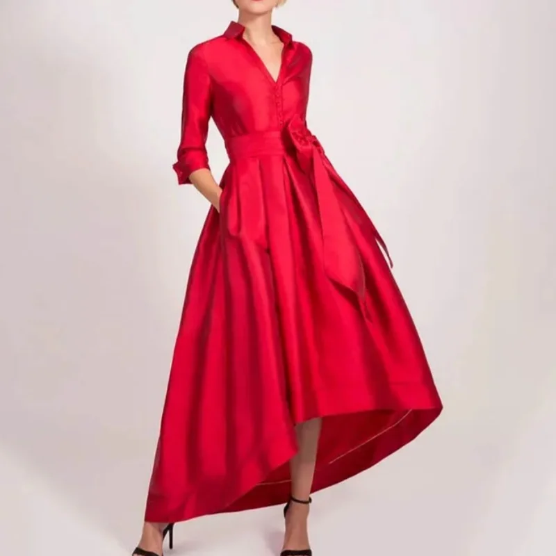 Elegant Pleated Satin Evening Dress V-Neck Half-Sleeved Cocktail Dress Floor-Length Formal Occasion Party Dress