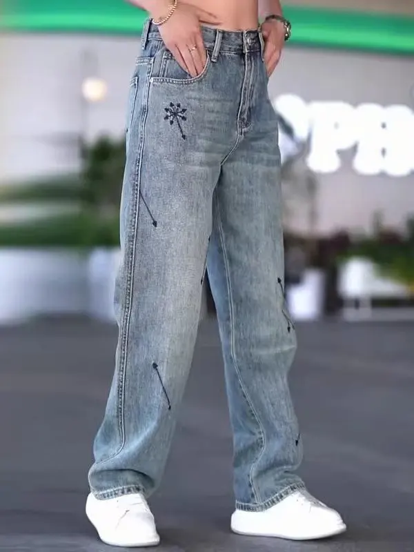 

American Retro Embroidered Straight Leg Jeans Men's Loose Casual High Street Spring Autumn Trendy Brand Long Pants