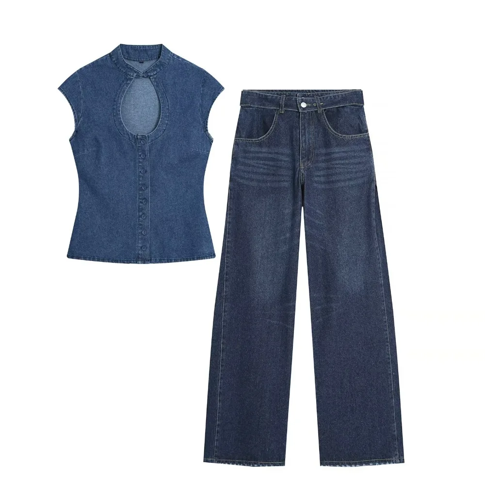 Women's Denim Pant Sets Cowgirls 2 Piece Sets High Neck Short Sleeves Denim Button-up Top Matching Mid-rise Pleated Belted Jeans