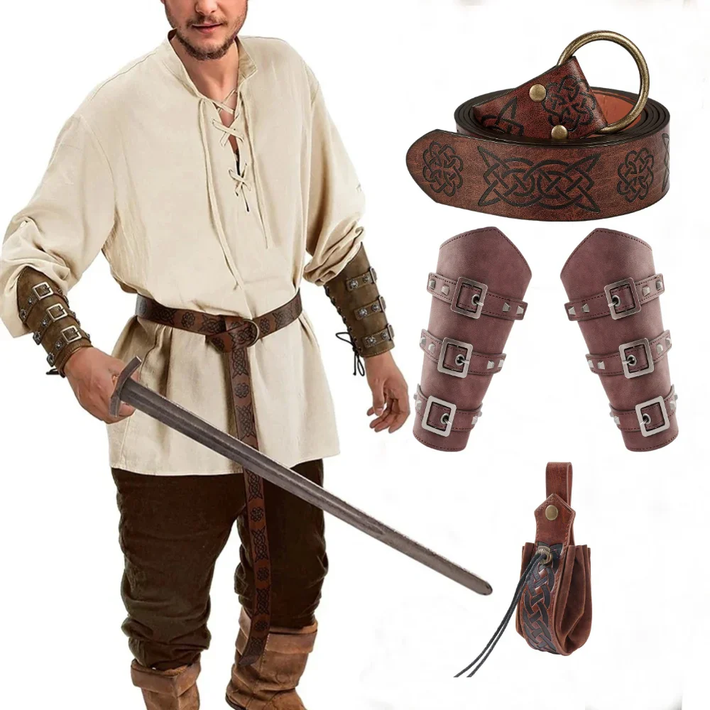 5PCS Men\'s Renaissance Costume Sets Medieval Arm Wrist Halloween Viking Belt Faux Leather Belt Pouch LARP Cosplay Accessories