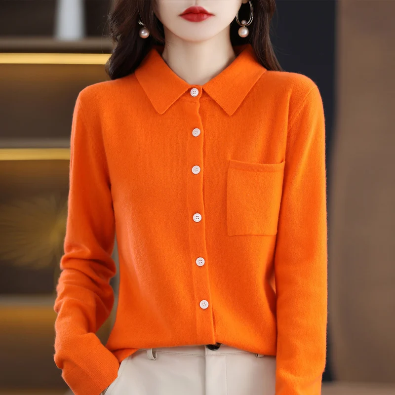 LHZSYY 100% Wool 2022 Spring and Autumn New Polo Neck Wool Knitted Cardigan Top Women\'s Style Loose With Pocket Sweater Coat