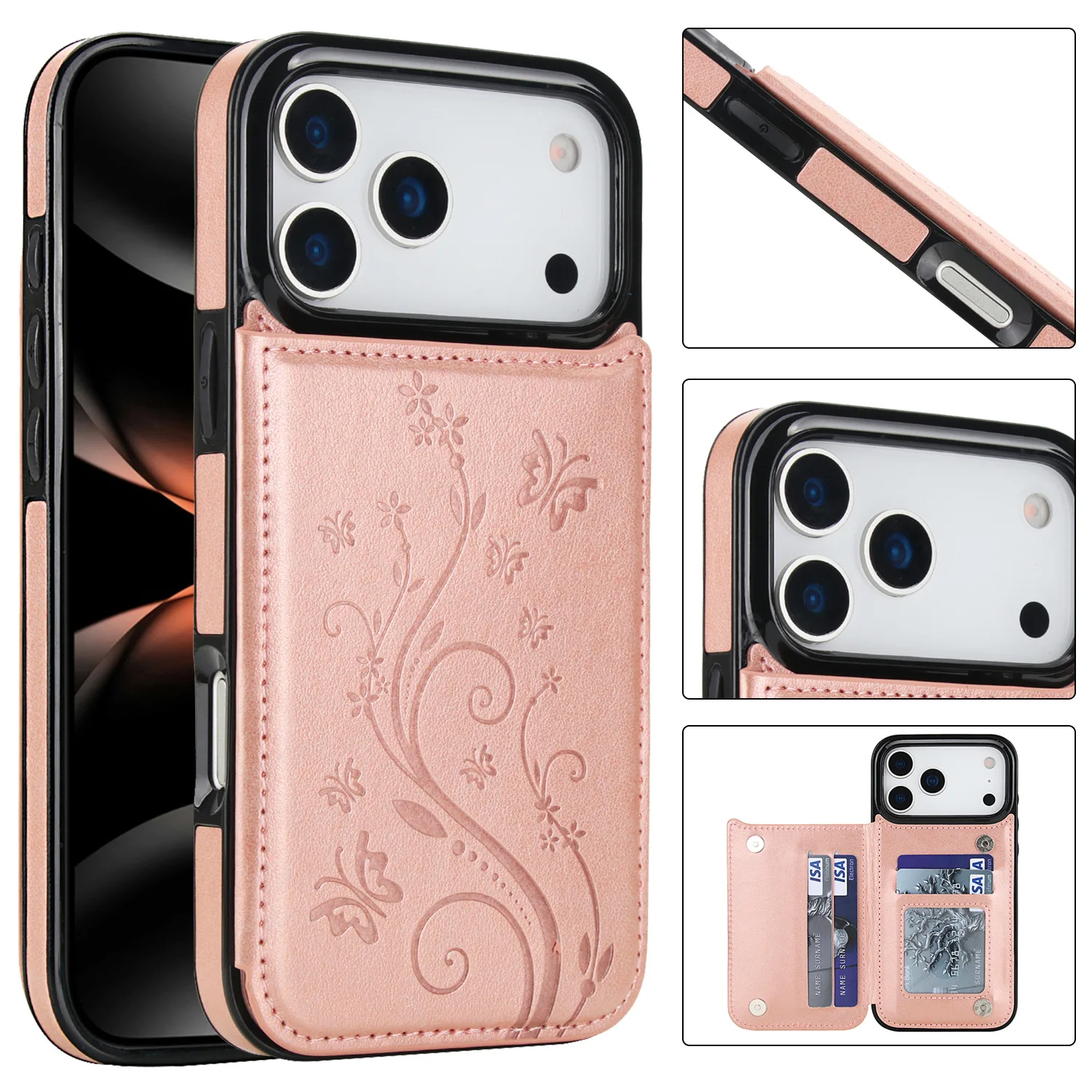 Coque de protection gaufrée Apple 16 avec porte-cartes pour iPhone 17 Pro Max, motif Fleur d'amour Chrysanthème