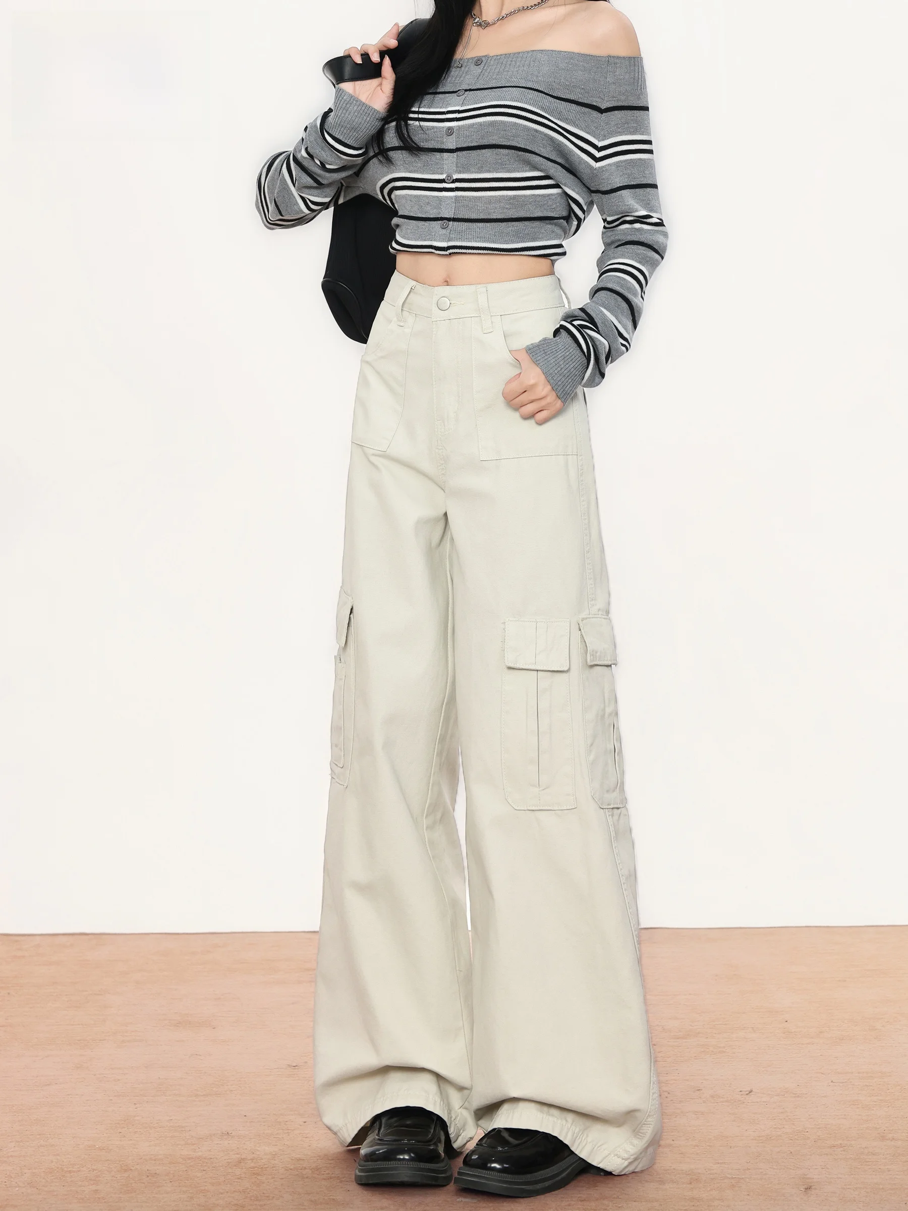 

American Style High Waist Workwear Denim Pants Women's Autumn Winter Loose Slimming Wide Leg Floor Length Trousers