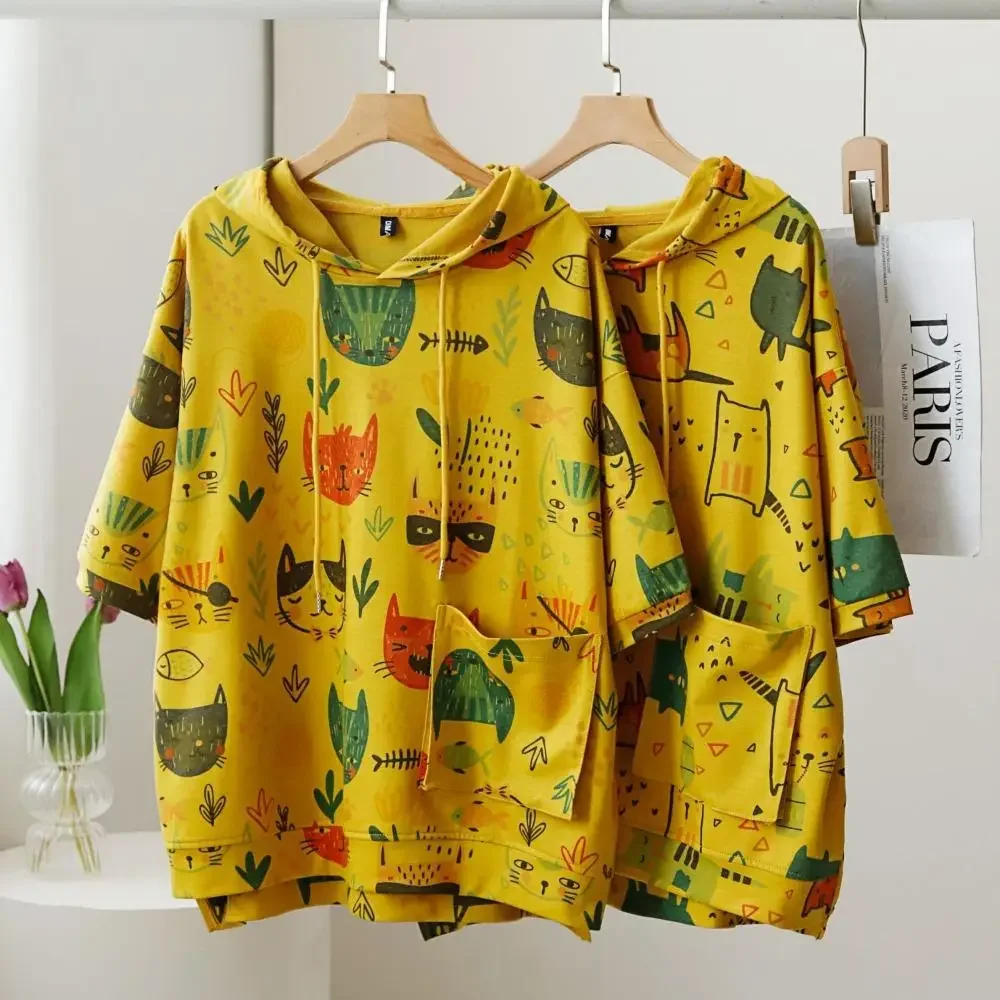 

Dimanaf 2024 New Plus Size Summer Women Cartoon Cat Hoodies & Sweatshirts Pockets Loose Yellow Basic Tops T-Shirt New