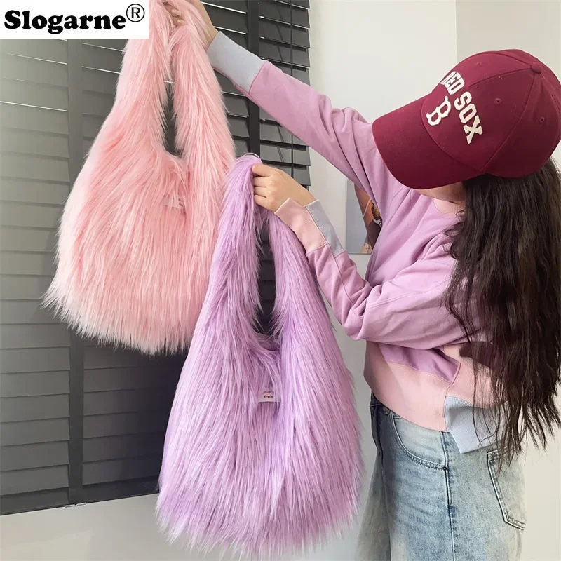 

Candy Color Long Fur Bags for Women Warm Faux Fur Shoulder Bag Fluffy Soft Plush Shopper Tote Half Moon Hobos Designer Handbag
