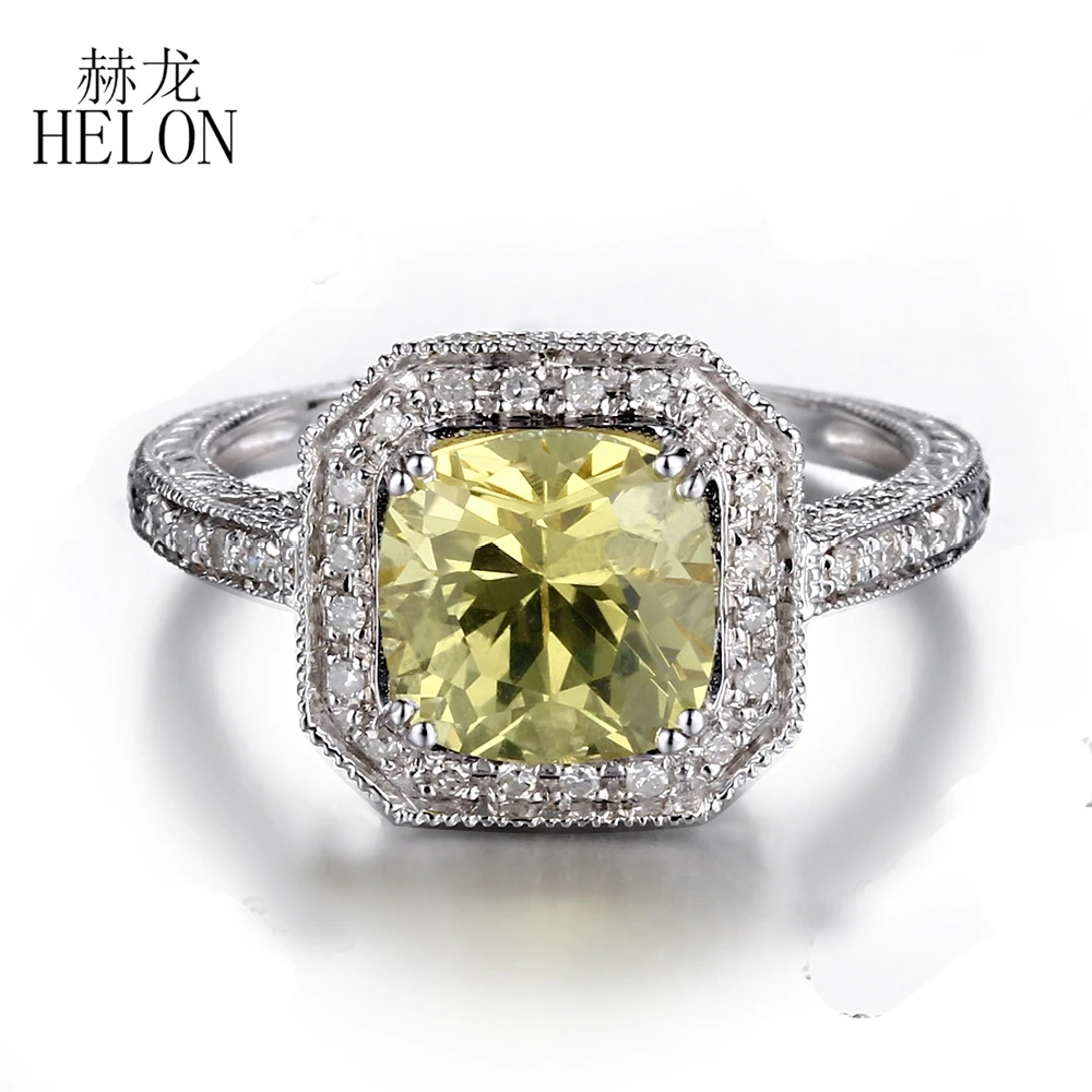 HELON Solid 14k 10k White Gold 8mm Cushion Genuine Lemon Crystal Diamonds Engagement Ring Women Vintage Fine Jewelry Best Gift