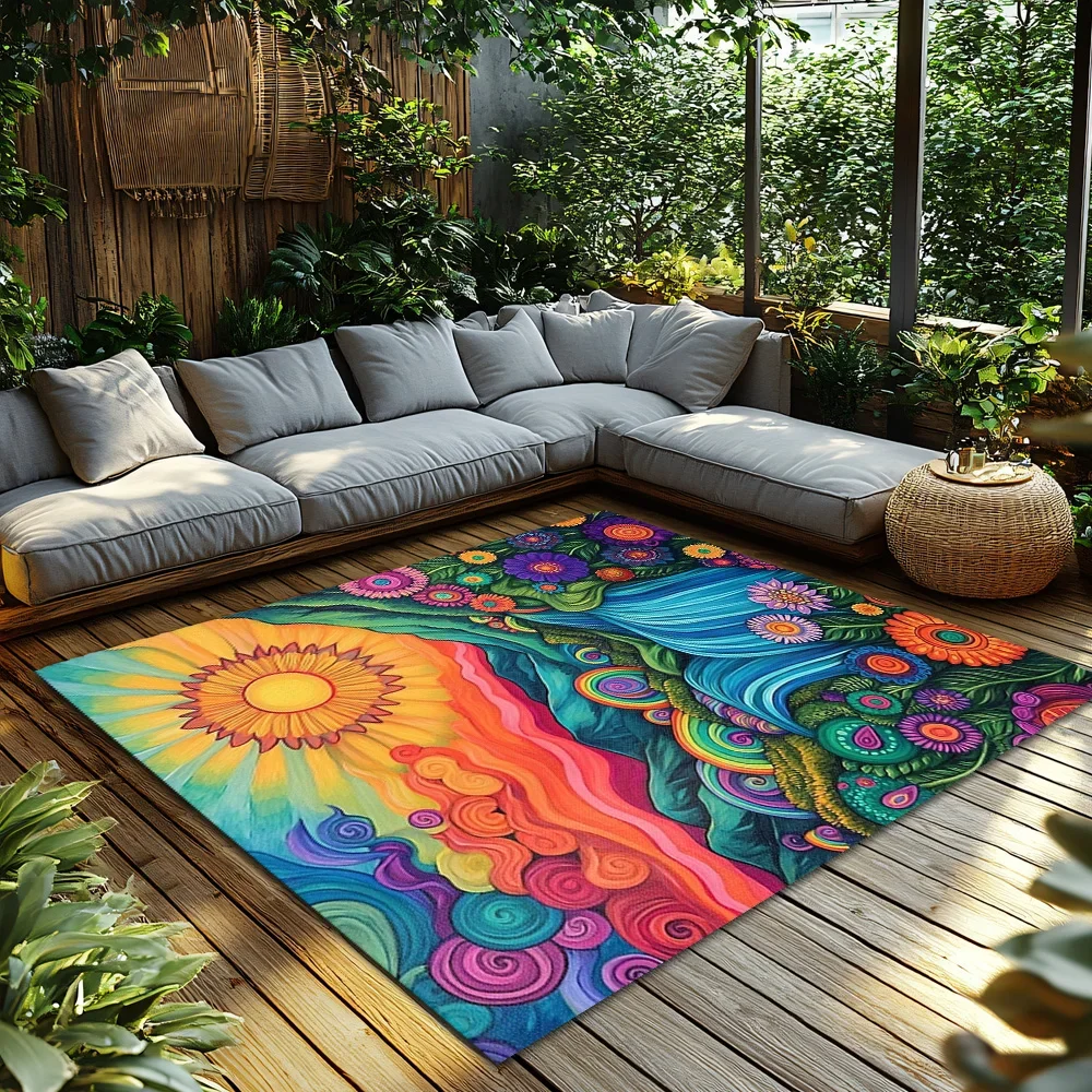 Psychedelic Nature Carpet Bohemian Area Rug Vibrant Floral Throw Rug Hippie Home Decor Zen Floor Mat Trippy Tapestry Gift for He