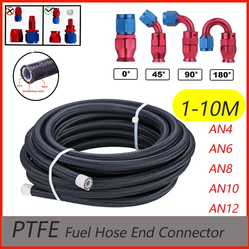 

1-10M AN4-AN12 E85 Stainless Steel PTFE Fuel Hose Oil Gas Cooler Line Pipe Tube 1x0° 1x45° 1x90° 1180° Swivel End Fittings